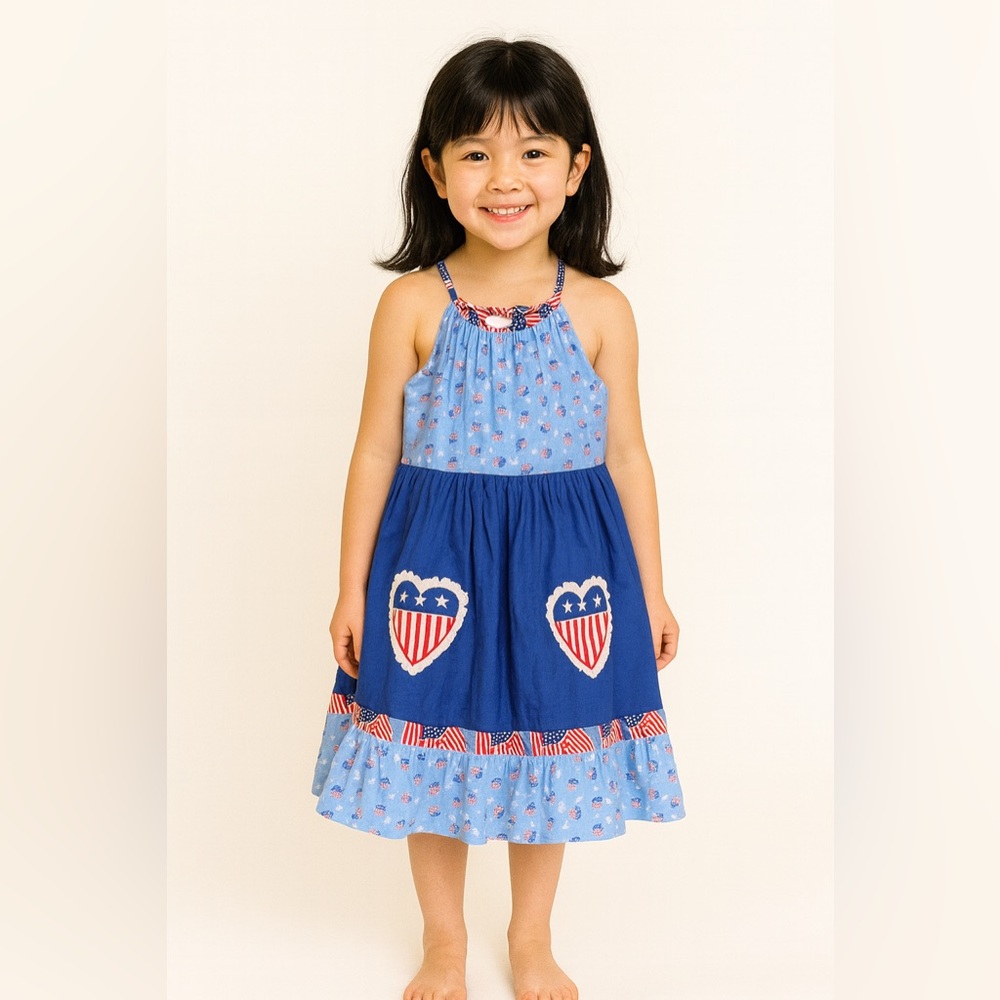 Ricrac & Ruffles Girls Patriotic Dress – Red White Blue Heart Pockets Size 5 AR1